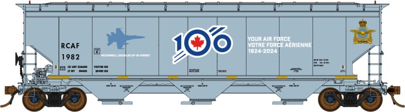 North American Railcar - N Scale - 3 Bay Hopper - Royal Canadian Air Force (RCAF)(Gray/White Lettering/ Blue/Red 100th Anniversary Logo)(Special Features) - single car - RCAF 1982 McDonnell Douglas CF-18 Hornet 