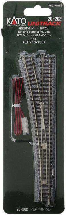 Kato 20-202 #6 Left Turnout 718mm track pack for model trains, predominantly gray and black in color with some red wiring.