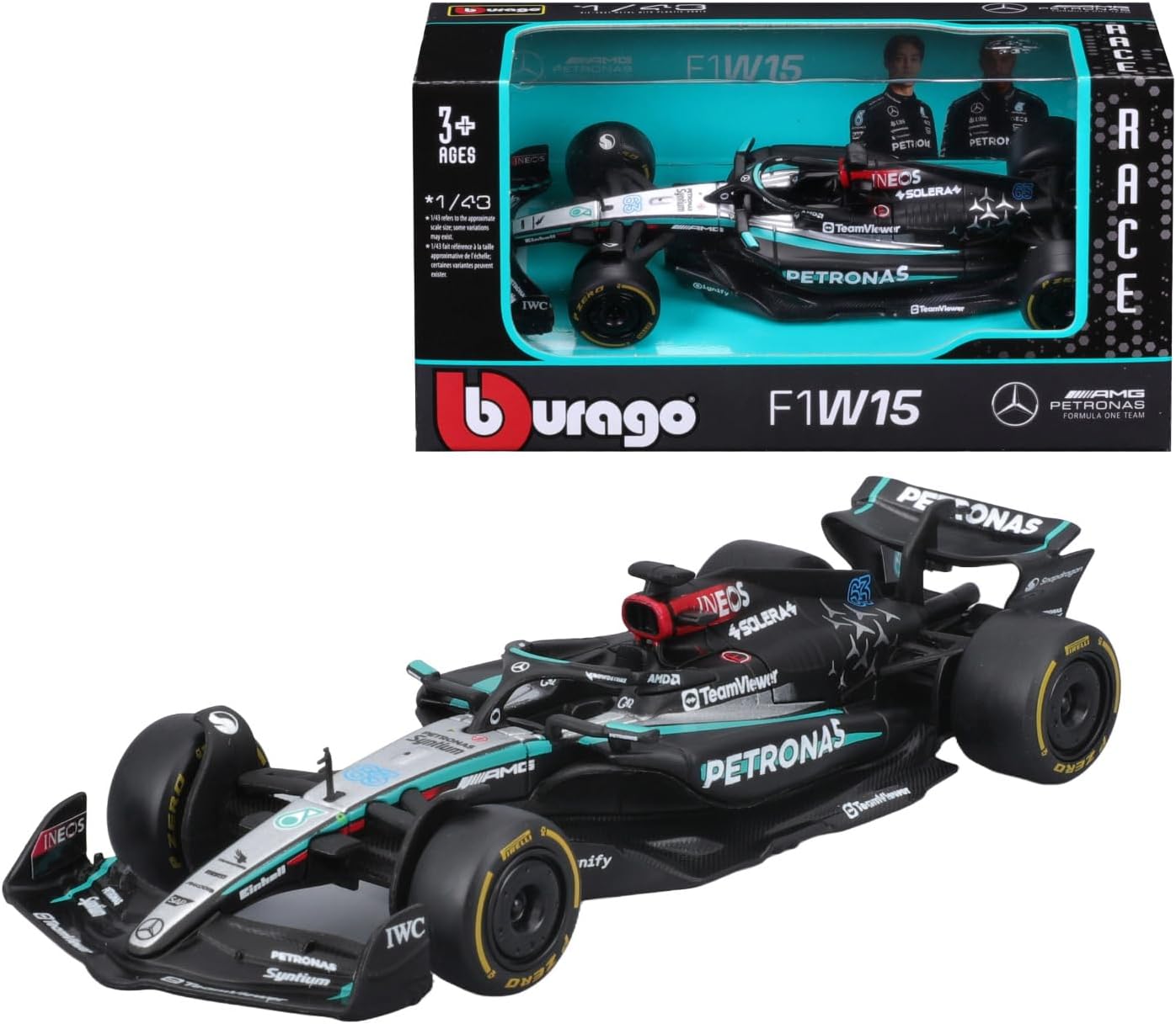 Bburago 1/43 Scale Formula 1 Mercedes-AMG Petronas F1 W15 Team (2024)