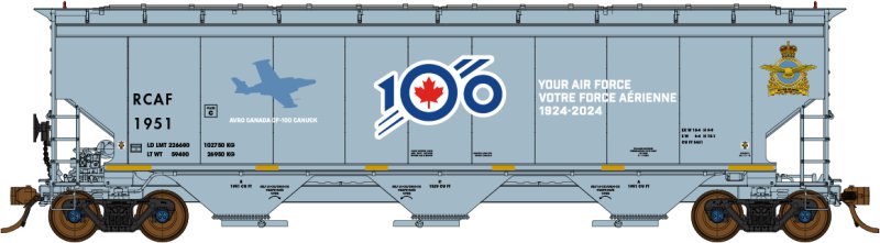 North American Railcar -  N Scale - 3 Bay Hopper - Royal Canadian Air Force (RCAF)(Gray/White Lettering/ Blue/Red 100th Anniversary Logo)(Special Features) - single car - RCAF 1951 AVRO CF100 Canuck