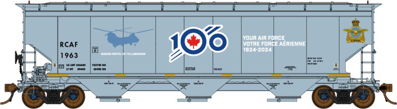 North American Railcar -N Scale - 3 Bay Hopper - Royal Canadian Air Force (RCAF)(Gray/White Lettering/ Blue/Red 100th Anniversary Logo)(Special Features) - single car - RCAF 1963 Boeing Vertol CH-113 Labrador