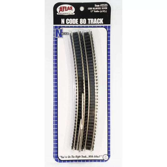 Atlas 2525 17" Radius Curve Track Sections N Scale Code 80 Rails - 6 pack