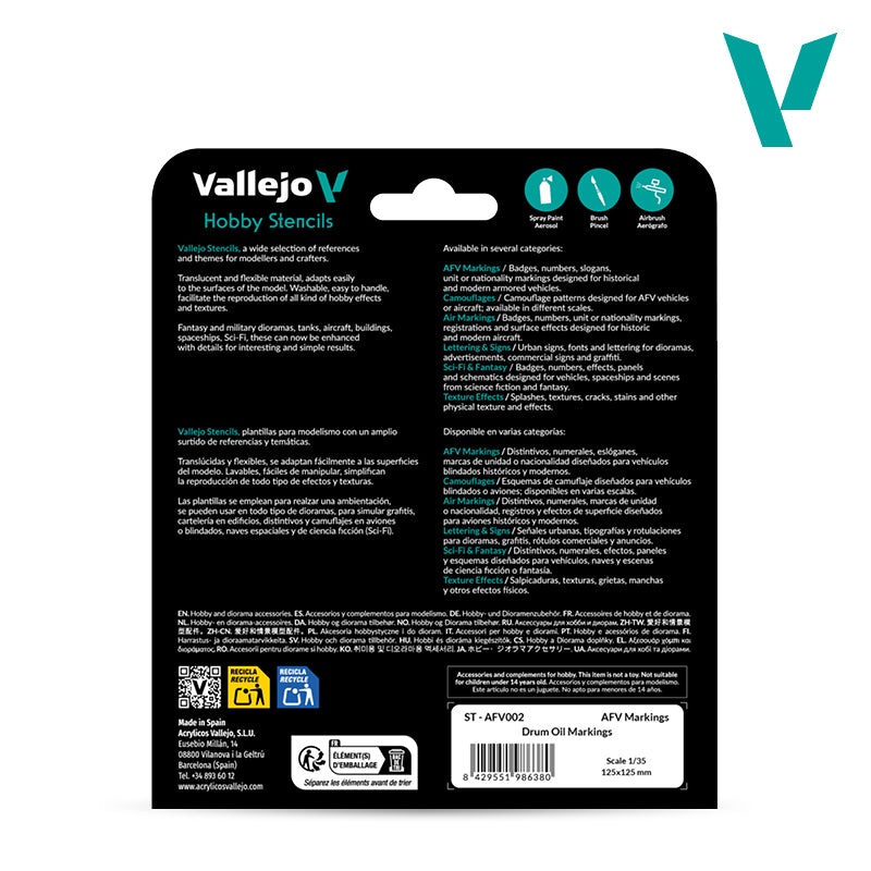 Vallejo Stencil Assorted Drum Oil Markings 1/35